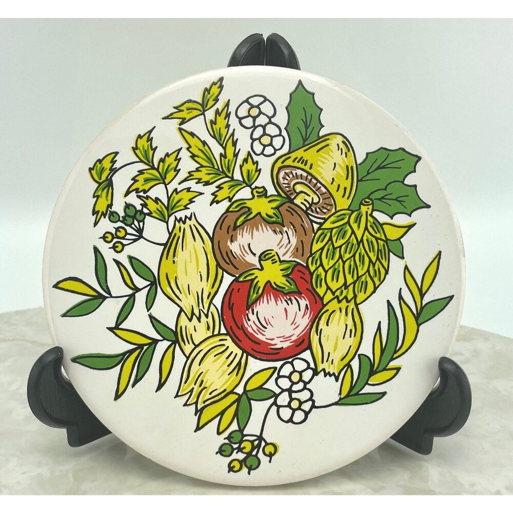 Vintage 70s decorative ceramic round tiles, vegetables print, set of 8